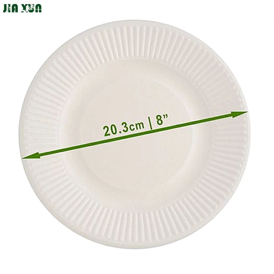 Technical drawing and dimensions for 8-inch sugarcane pulp plate, showing diameter and rippled edge design