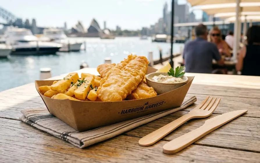 Premium splinter-free wooden fork and knife served with Australian fish and chips Premium splinter-free wooden fork and knife served with Australian fish and chips