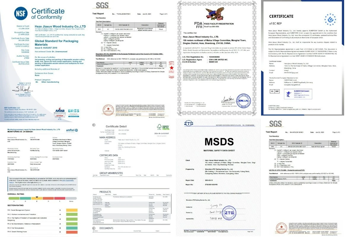 Jiaxun Factory Certifications FSC certified wooden forks wholesale documents