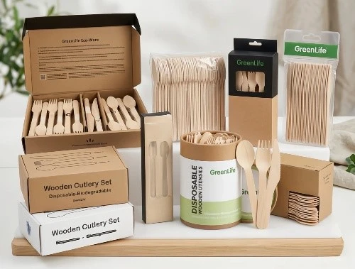 Jiaxun's exhibition sample wall displaying retail-ready kraft window dispenser boxes, hanging packs, and customized wrapped cutlery sets. Jiaxun's exhibition sample wall displaying retail-ready kraft window dispenser boxes, hanging packs, and customized wrapped cutlery sets.