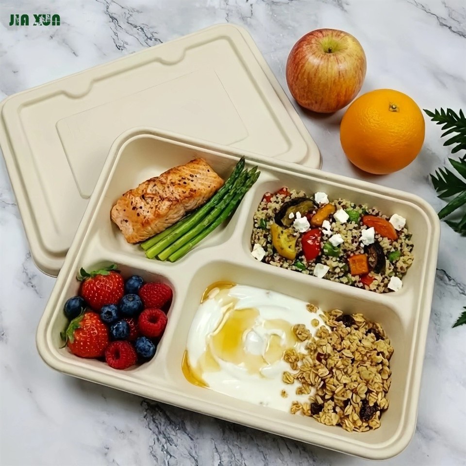 Close-up of food in sugarcane takeaway boxes showing oil resistance and leak-proof design.